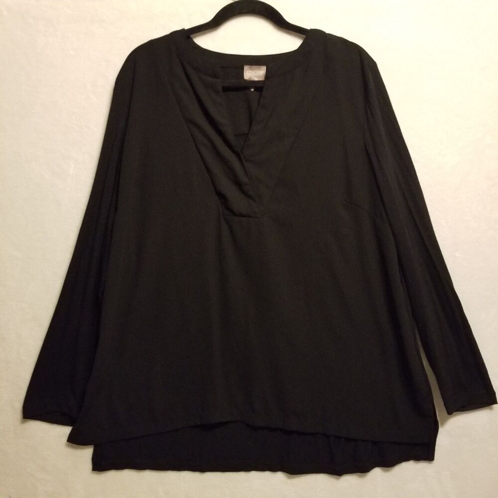 Chicos 3 (XL) Top Black V Neck Mixed Media Jersey Knit Classic Basic Layering